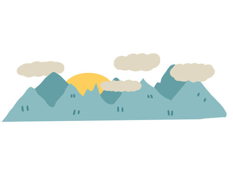 Blue mountain with clouds and sun, element, png © Ainy
