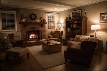 a cozy living room with a fireplace and comfy furniture, created with generative ai