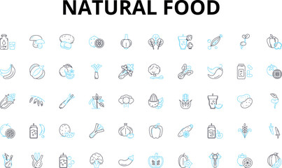 Natural food linear icons set. Organic, Whole, Fresh, Non-GMO, Sustainable, Locally-sourced, Grass-fed vector symbols and line concept signs. Pasture-raised,Clean,Raw illustration