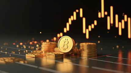 golden time of bitcoin, shining coins in front of trading candles, generative ai technology