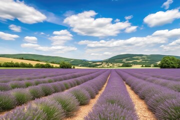 Fototapeta na wymiar lavender field with rolling hills and blue sky, created with generative ai