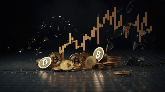 a lot of bitcoin coins in front with trading signals in the beackground, golden color, generative ai technology