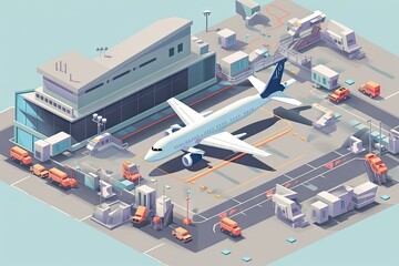 isometric view of busy airport terminal, with airplanes taking off and landing, created with generative ai