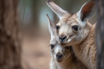 Fototapeta premium portrait of kangaroo mother cradling its young in the pouch, created with generative ai