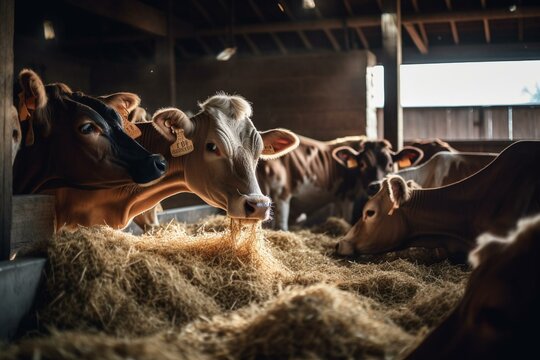 Cows eating hay in dairy farm stall. A business for jersey cows. Generative AI