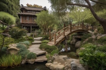 Fototapeta premium garden with natural water features and wooden bridge leading to serene pagoda, created with generative ai