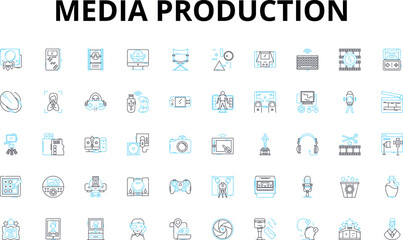 Fototapeta na wymiar Media production linear icons set. Film, Video, Audio, Multimedia, Podcast, Broadcasting, Recording vector symbols and line concept signs. Cinematography,Post-production,Editing illustration