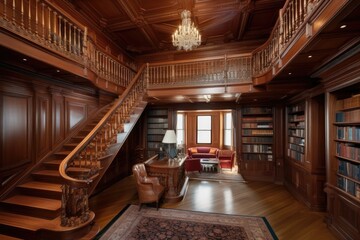 library with grand staircase, leading to second floor, created with generative ai
