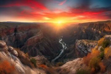 Fototapeta na wymiar majestic canyon with fiery sunset, surrounded by a landscape of rugged beauty, created with generative ai