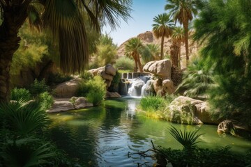 oasis with waterfall and lush greenery, surrounded by desert, created with generative ai