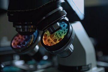 close-up of microscope with colorful microorganisms visible under the lens, created with generative ai