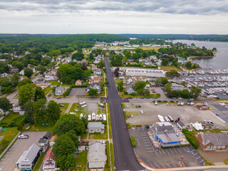 Village of Niantic aerial view on Smith Avenue at Niantic Beach in a cloudy day, town of East Lyme, Connecticut CT, USA. 