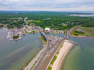 Niantic Beach Railroad Bridge aerial view in a cloudy day between Niantic River and Niantic Bay in...