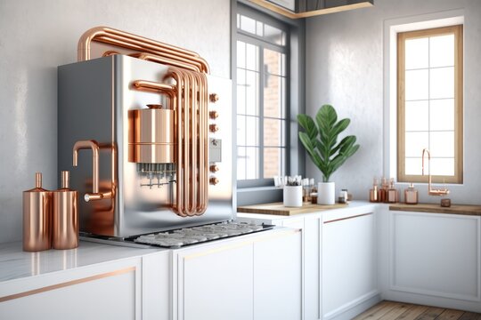 stainless steel evaporator with copper piping in modern kitchen, created with generative ai