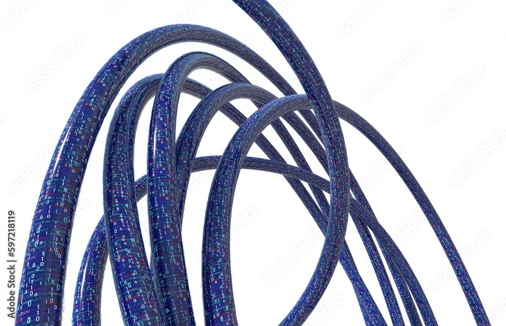 Poster Data stream. Data flow 3D illustration, coding and software development. Twisted strings of data in abstract cyberspace