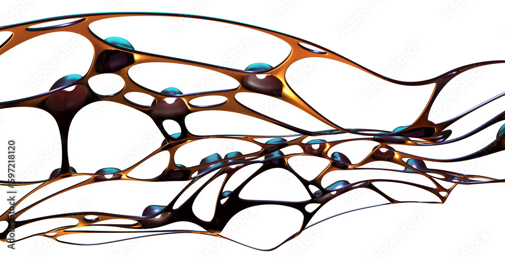 Poster network, waves, cells of connections. neurons and data flow 3d illustration. abstract matter, bone p
