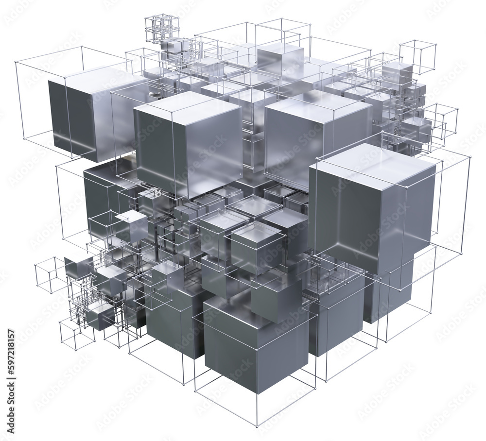 Poster Cube assembled from cubes. Blockchain 3D illustration, cyber network, data array