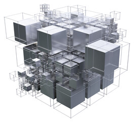Cube assembled from cubes. Blockchain 3D illustration, cyber network, data array