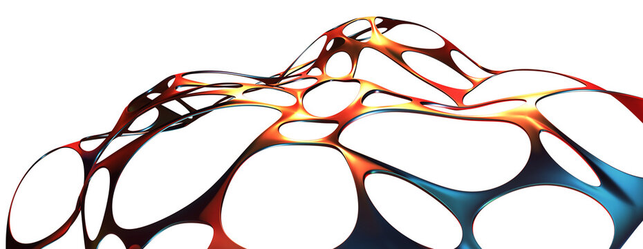 Network, waves, cells of connections. Neurons and data flow 3D illustration. Abstract matter, bone porous