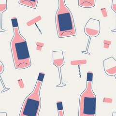 Vector seamless pattern with wine bottle, glass, corkscrew and corks. Print for design.