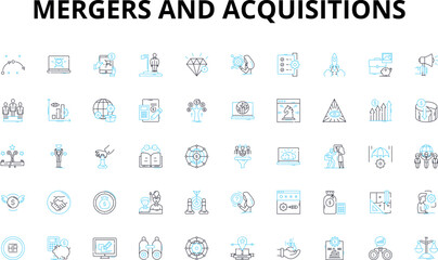 Mergers and acquisitions linear icons set. Consolidation, Integration, Synergy, Dilution, Takeover, Amalgamation, Buyout vector symbols and line concept signs. Merger,Acquisition,Reorganization