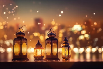 antique lantern adds to the rustic decor of a table set for the Muslim feast of Eid al-Fitr, with bokeh city lights and a dusky sky in the background Ai Generative