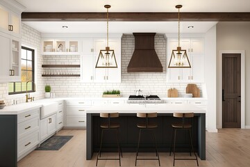 modern farmhouse kitchen with sleek, minimalist design and accents of warm color, created with generative ai