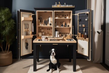 creative grooming station with mix of tools and supplies, including luxurious treats, created with generative ai