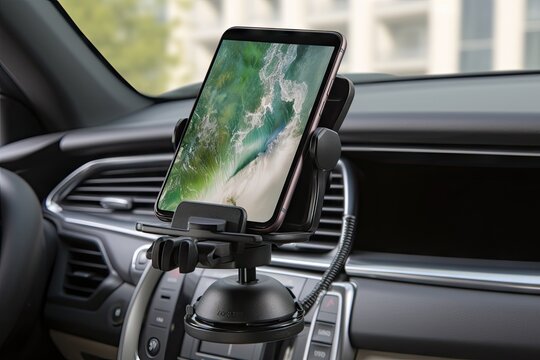 car with mount for phone or other device, allowing for hands-free use while driving, created with generative ai
