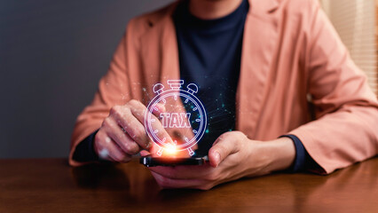 Businessman payment, pay tax money online with smartphone finance budget income accounting document refund revenue deadline investment hand in business banking profit reminder plan law.