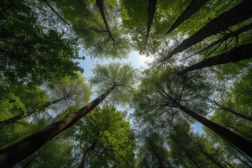 Fototapeta premium Looking up at trees in the woods