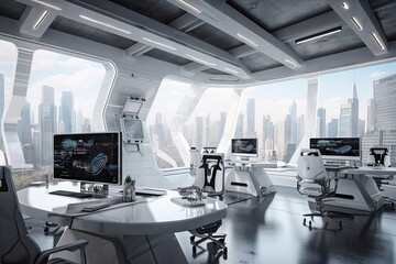 futuristic open office with view of futuristic cityscape, including towering skyscrapers and flying vehicles, created with generative ai