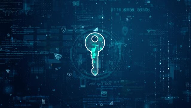 Motion graphic of Blue digital security key logo and futuristic circle HUD with big data processed on grid line background and technology ai icon screen abstract background network secure concepts
