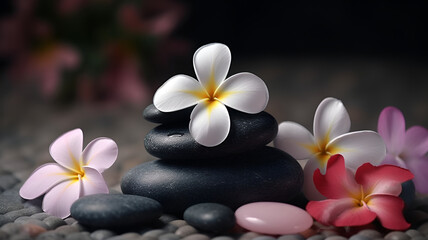 Naklejka na ściany i meble Exotic flowers with black smooth stones, background for spa and massage. Generative Ai