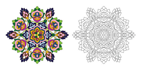 Decorative ornamental hand-drawn detailed mandala design coloring page illustration	
