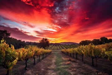 vineyard with dramatic sunset, showcasing the vibrant colors of the sky, created with generative ai