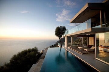 modern house with infinity pool and view of the sea, surrounded by lush greenery #exterior #house #mediterraneaninspired, created with generative ai