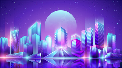 Fototapeta na wymiar Vector neon colorful gradient illustration of a horizontal panorama of the night city with spotlights. Empty city place.