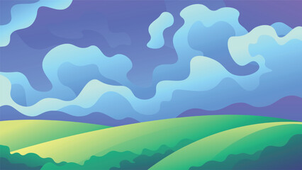 Fototapeta na wymiar Bright green meadows on fluffy clouds on a blue sky background. Horizontal rural landscape illustration.