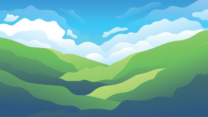 Fototapeta na wymiar High green hills on fluffy clouds on a blue sky background. Horizontal rural landscape illustration.