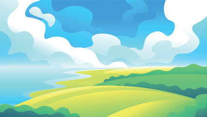 Shore of green hills near a wide river on a blue sky and fluffy clouds background. Bright horizontal illustration of a summer landscape.