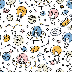 Nursery doodle cute pattern. Unusual aliens astronauts in spacecraft around space objects on white background.