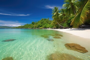 exotic beach, with crystal clear water and white sand, surrounded by tropical palm trees, created with generative ai