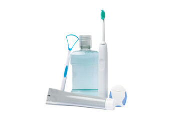 Electric toothbrush, toothpaste, mouthwash, dental floss and tongue cleaner isolated on white background. healthy teeth. Dentistry concept. Oral care.