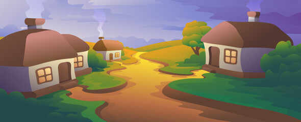 Slavic rural village illustration. Evening town with residential houses.
