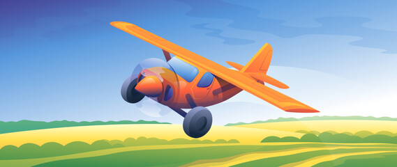 Cute colorful realistic airplane flies. Cartoon aircraft transport summer illustration on meadows background.