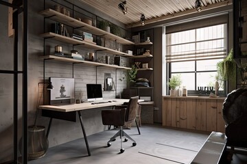 old garage, converted into stylish and functional home office with sleek furnishings and modern decor, created with generative ai - obrazy, fototapety, plakaty
