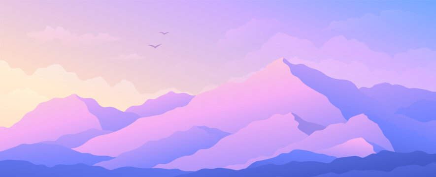 Widescreen illustration of a evening sunset mountain