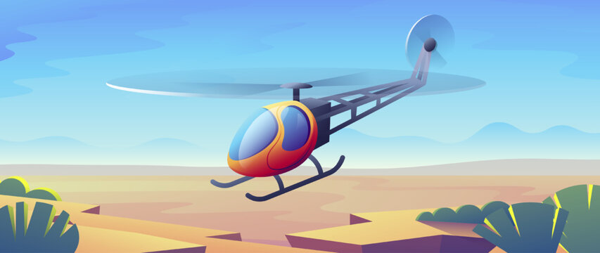 Small realistic helicopter lands on sandy terrain on desert background.