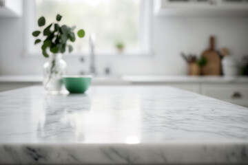 White marble kitchen table close-up. Generative AI.